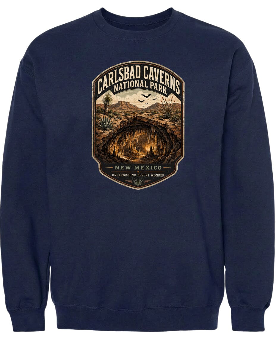 A navy blue sweatshirt with a graphic design depicting the Carlsbad Caves National Park in New Mexico.
