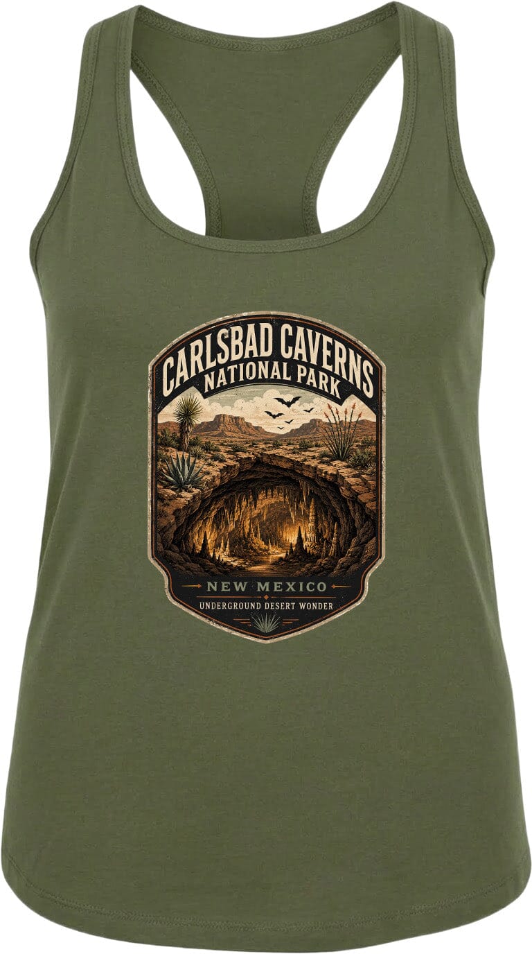 A green tank top with a graphic design depicting the Carlsbad Caverns National Park in New Mexico, featuring a cave, desert landscape, and birds in flight.