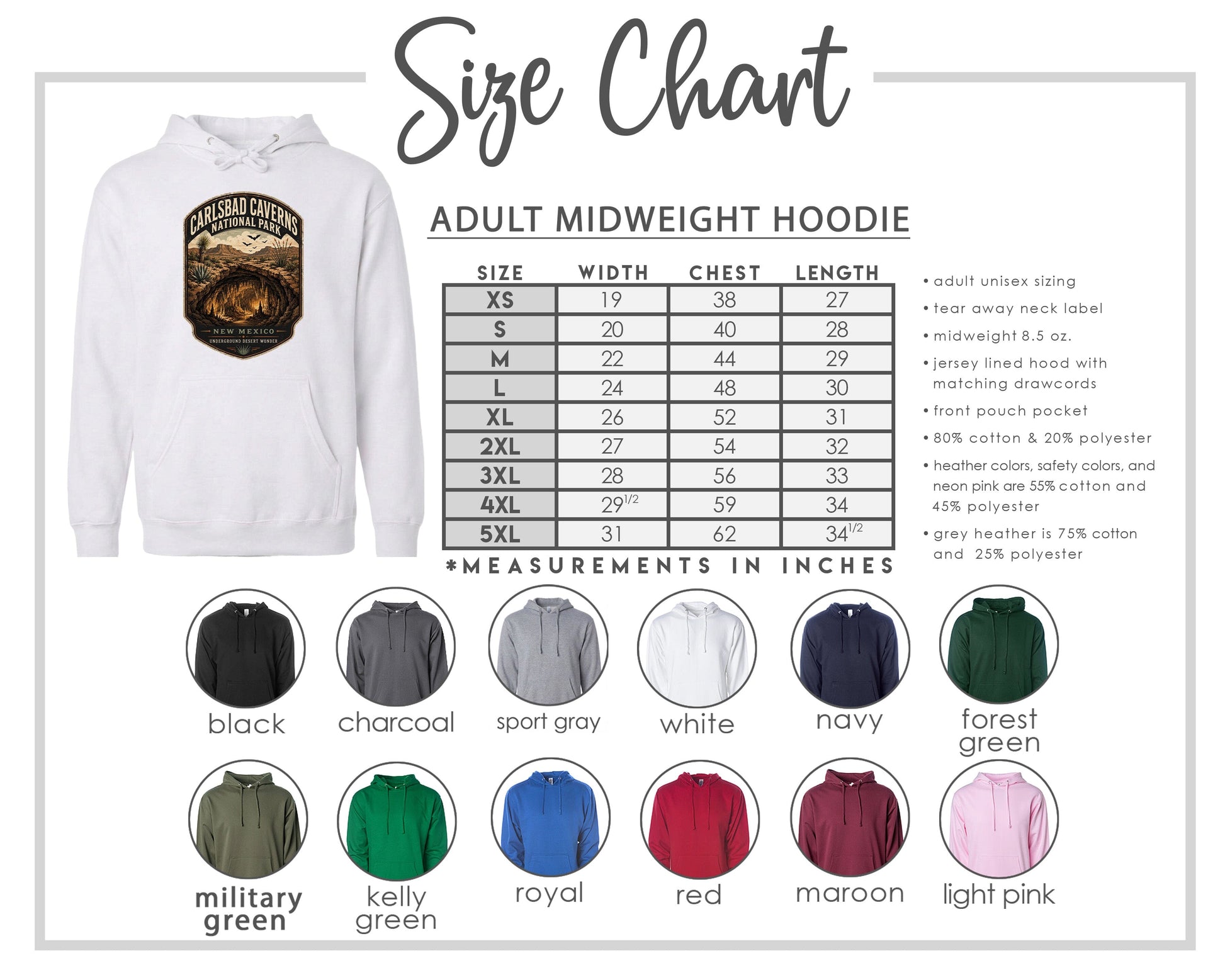 The image is a size chart for an adult midweight hoodie, including various color options and corresponding measurements in inches.