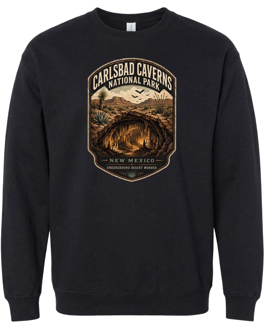 A black sweatshirt with a graphic design depicting the Carlsbad Caverns National Park in New Mexico.