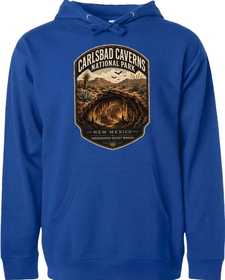A blue hoodie with a graphic design depicting the Carlsbad Caverns National Park in New Mexico.