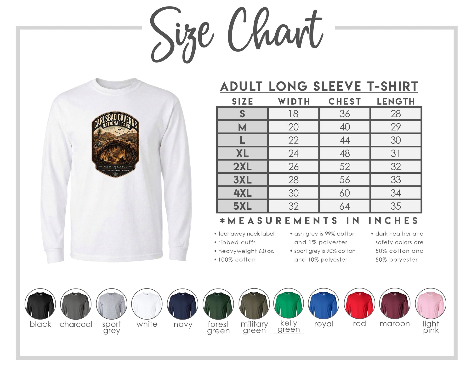 The image is a size chart for an adult long sleeve t-shirt, providing measurements for chest, length, and shoulder width. It also includes a list of color options and corresponding measurements in inches.