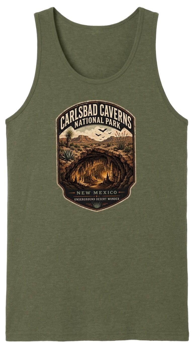 A green tank top with a graphic design depicting the Carlsbad Caves National Park in New Mexico, featuring a cave, desert landscape, and birds in flight.