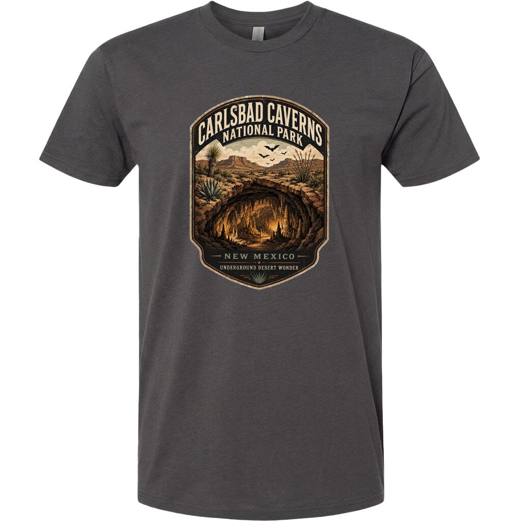 A gray t-shirt with a graphic design depicting the Carlsbad Caves National Park in New Mexico.