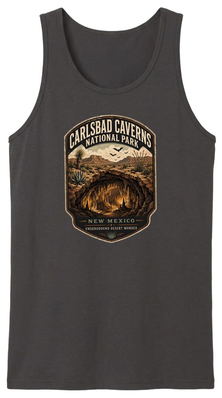 A graphic design featuring the Carlsbad Caves National Park in New Mexico, with a desert landscape and a cave-like structure in the center.