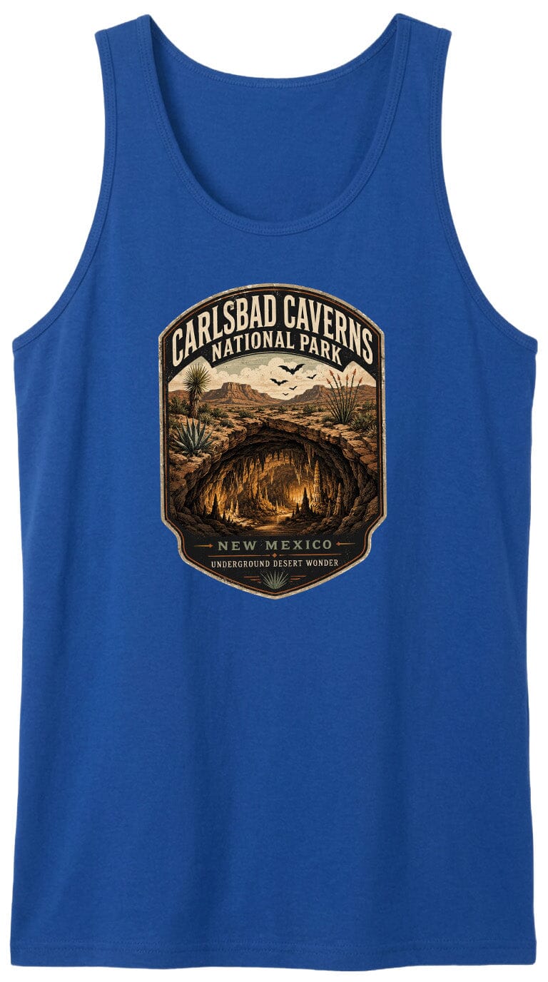 A blue tank top with a graphic design depicting the Carlsbad Caves National Park in New Mexico, featuring a cave, desert landscape, and birds in flight.