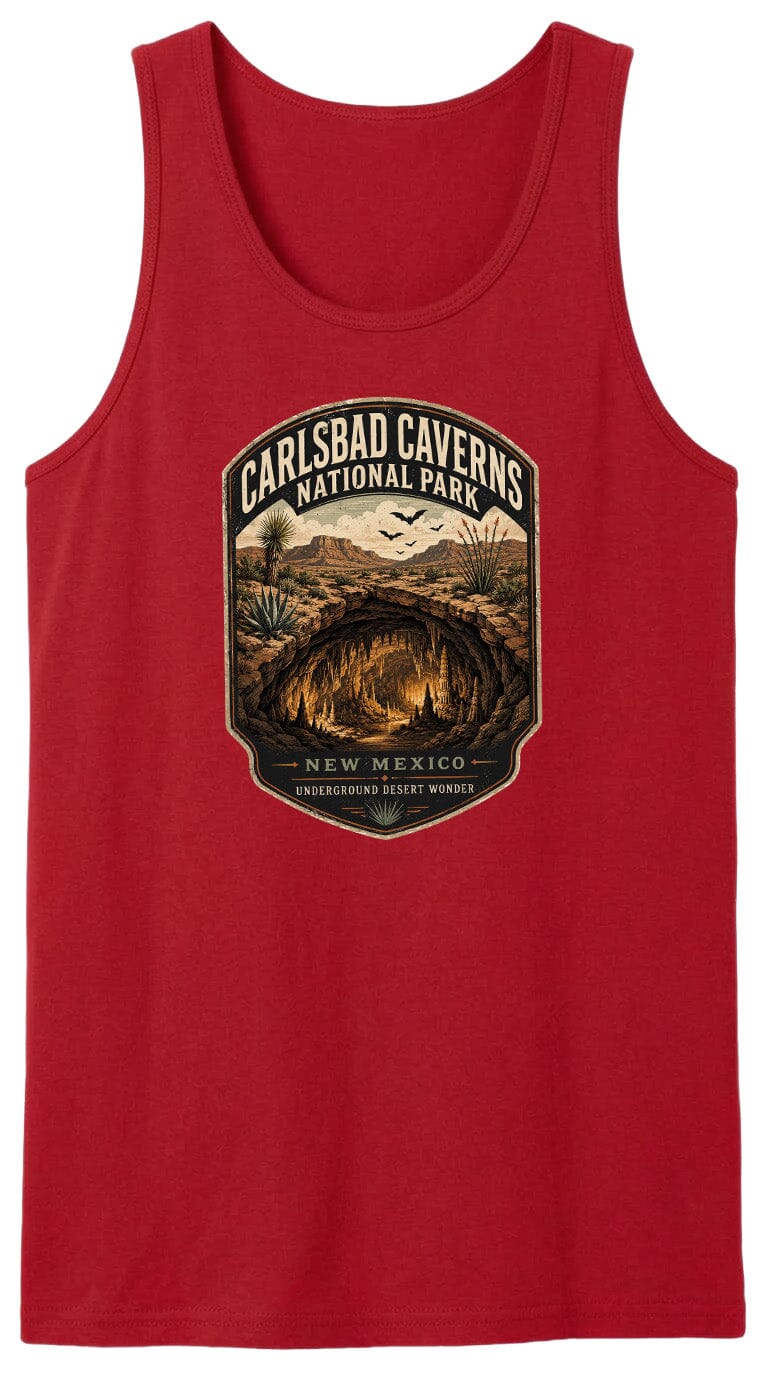 A red tank top with a graphic design depicting the Carlsbad Caves National Park in New Mexico, featuring a cave with bats flying around it.