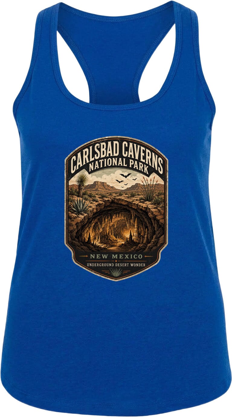 A blue tank top with a graphic design depicting the Carlsbad Caverns National Park in New Mexico, featuring a cave, desert landscape, and birds in flight.