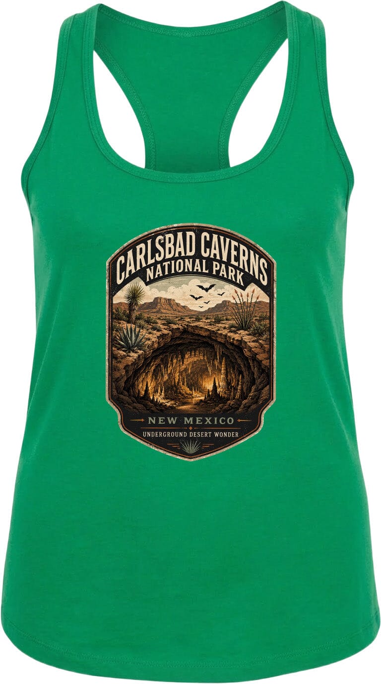 A green tank top with a graphic design depicting the Carlsbad Caverns National Park in New Mexico, featuring a cave, desert landscape, and birds in flight.