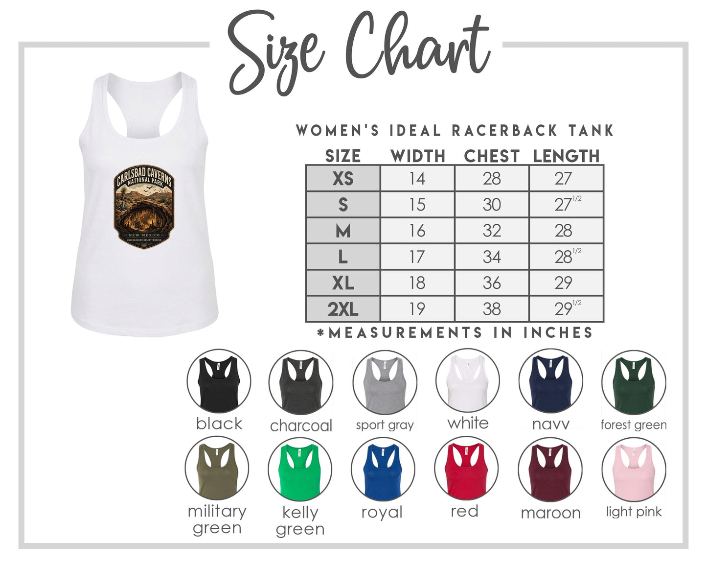 The image is a size chart for a women's ideal racerback tank, including a white tank with a graphic design and a table with size and chest length measurements.