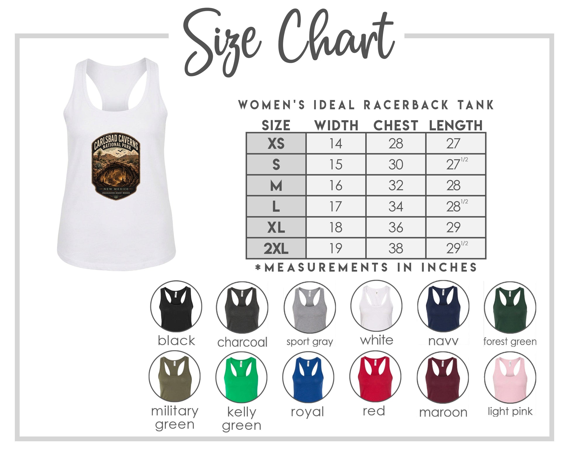The image is a size chart for a women's ideal racerback tank, including a white tank with a graphic design and a table with size and chest length measurements.