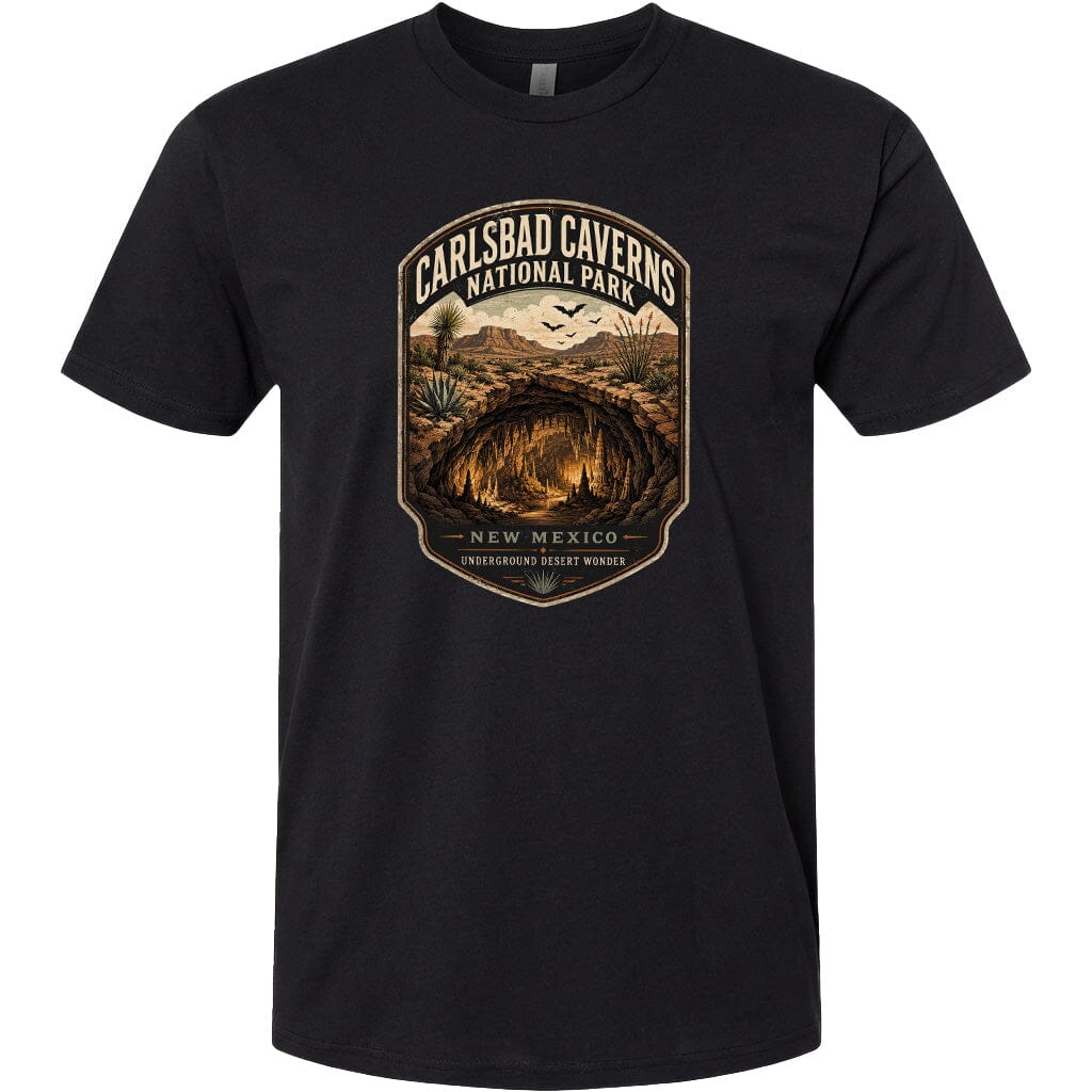 A black t-shirt with a graphic design depicting the Carlsbad Caves National Park in New Mexico.