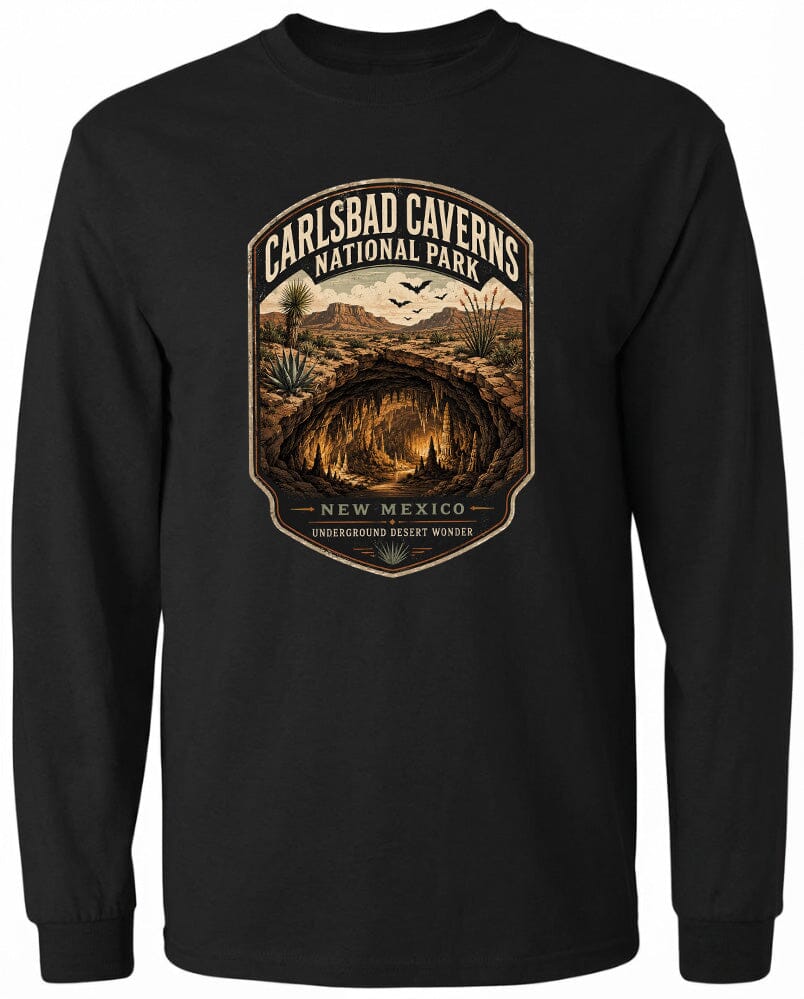A black long-sleeved t-shirt with a graphic design depicting the Carlsbad Caverns National Park in New Mexico.