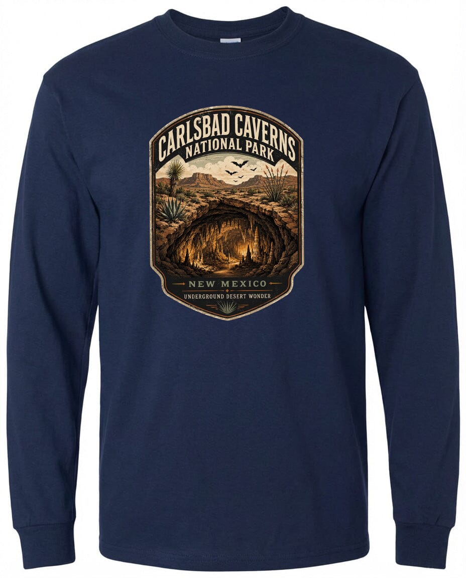 A navy blue long-sleeved t-shirt with a graphic design depicting the entrance to the Carlsbad Caverns National Park in New Mexico.