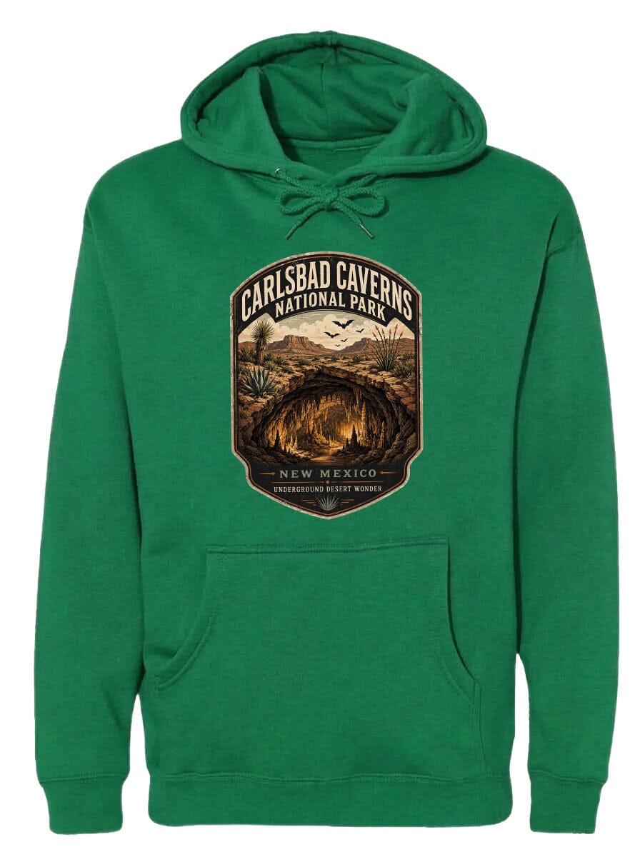 A green hoodie with a graphic design depicting the Carlsbad Caves National Park in New Mexico.