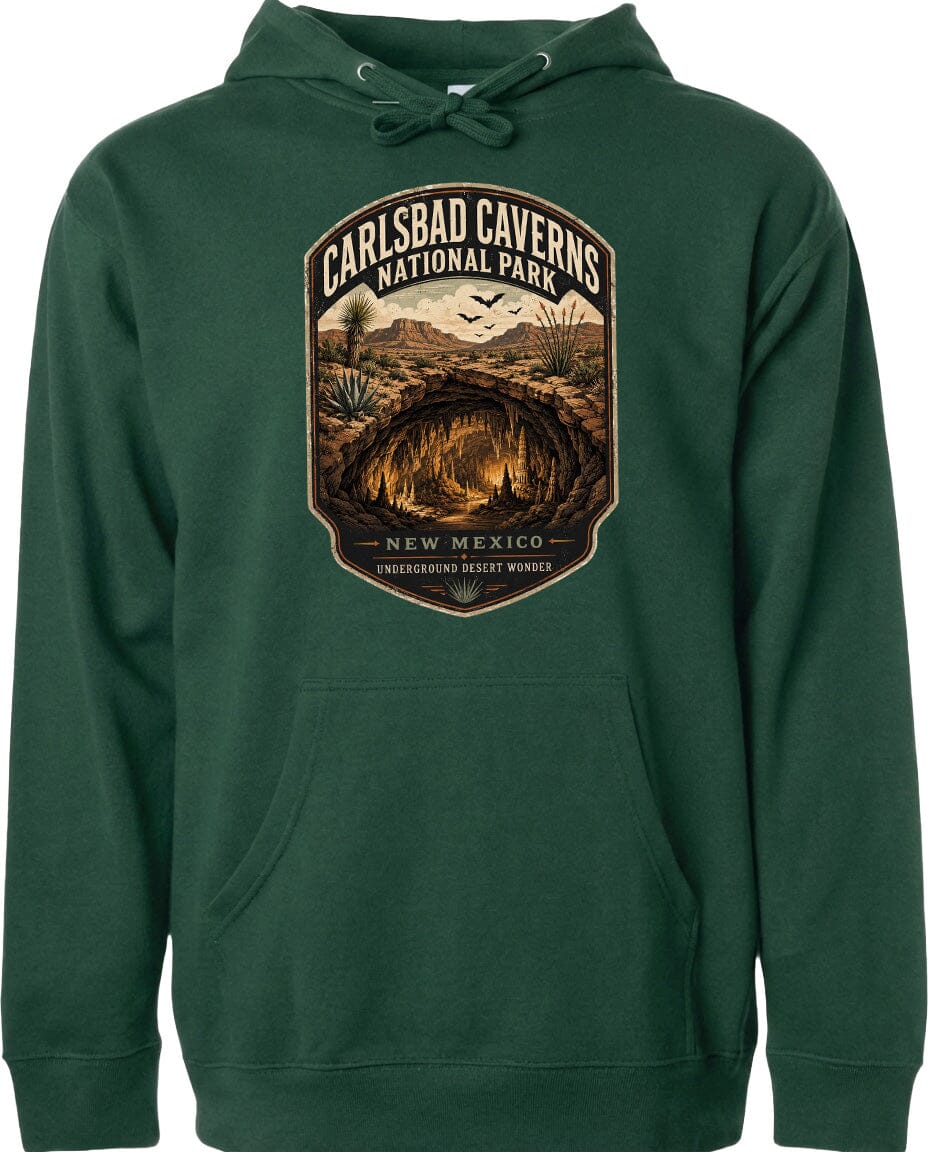 A hoodie with a graphic design depicting the Carlsbad Caverns National Park in New Mexico.
