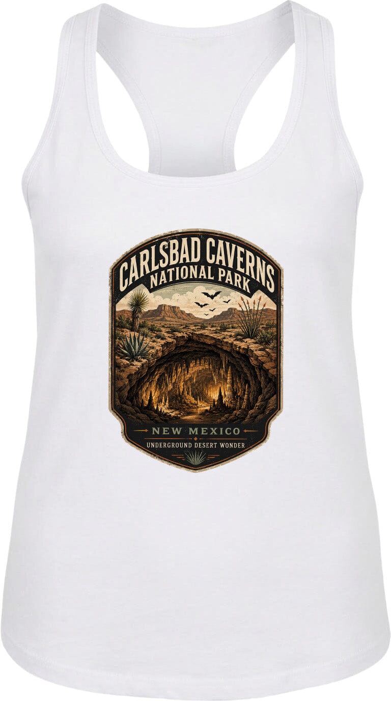 A white tank top with a graphic design depicting the Carlsbad Caverns National Park in New Mexico, featuring a desert landscape with a cave and birds in the sky.