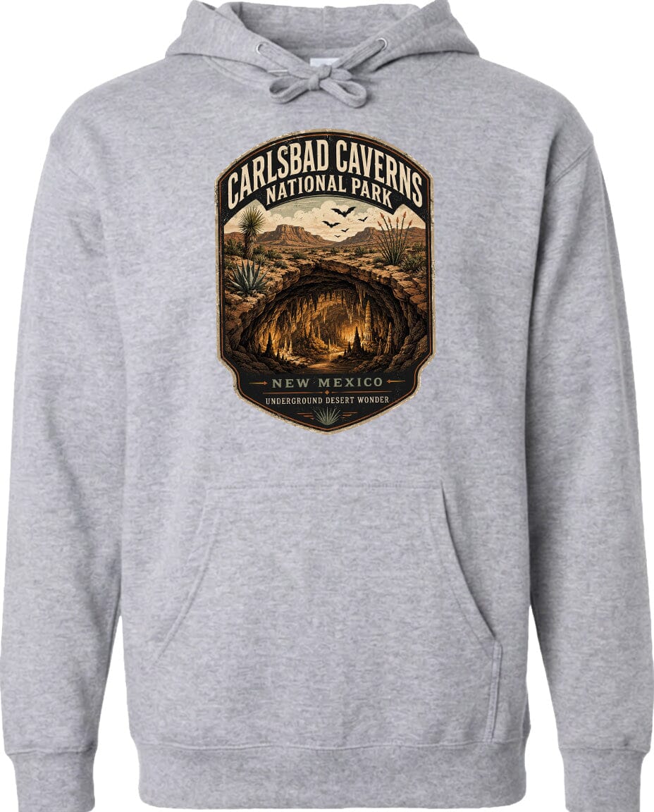 A gray hoodie with a graphic design depicting the Carlsbad Caverns National Park in New Mexico.