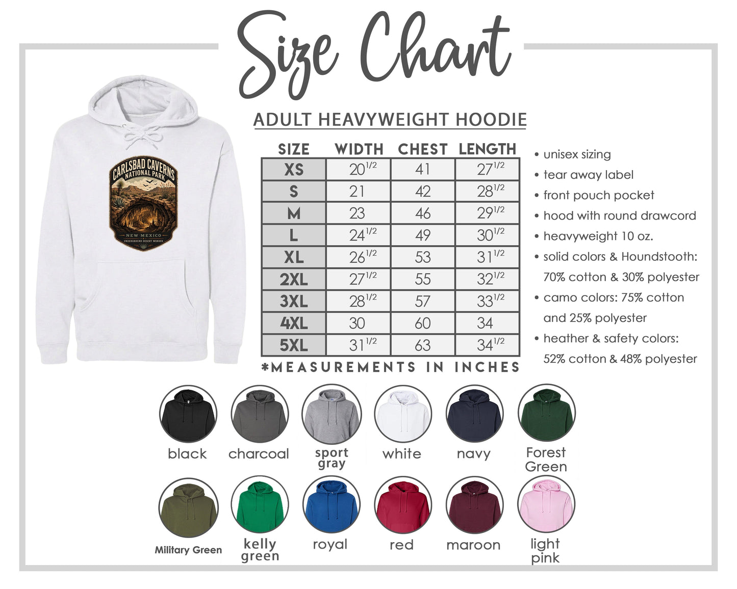 The image is a size chart for an adult heavyweight hoodie, including various color options and corresponding chest measurements.