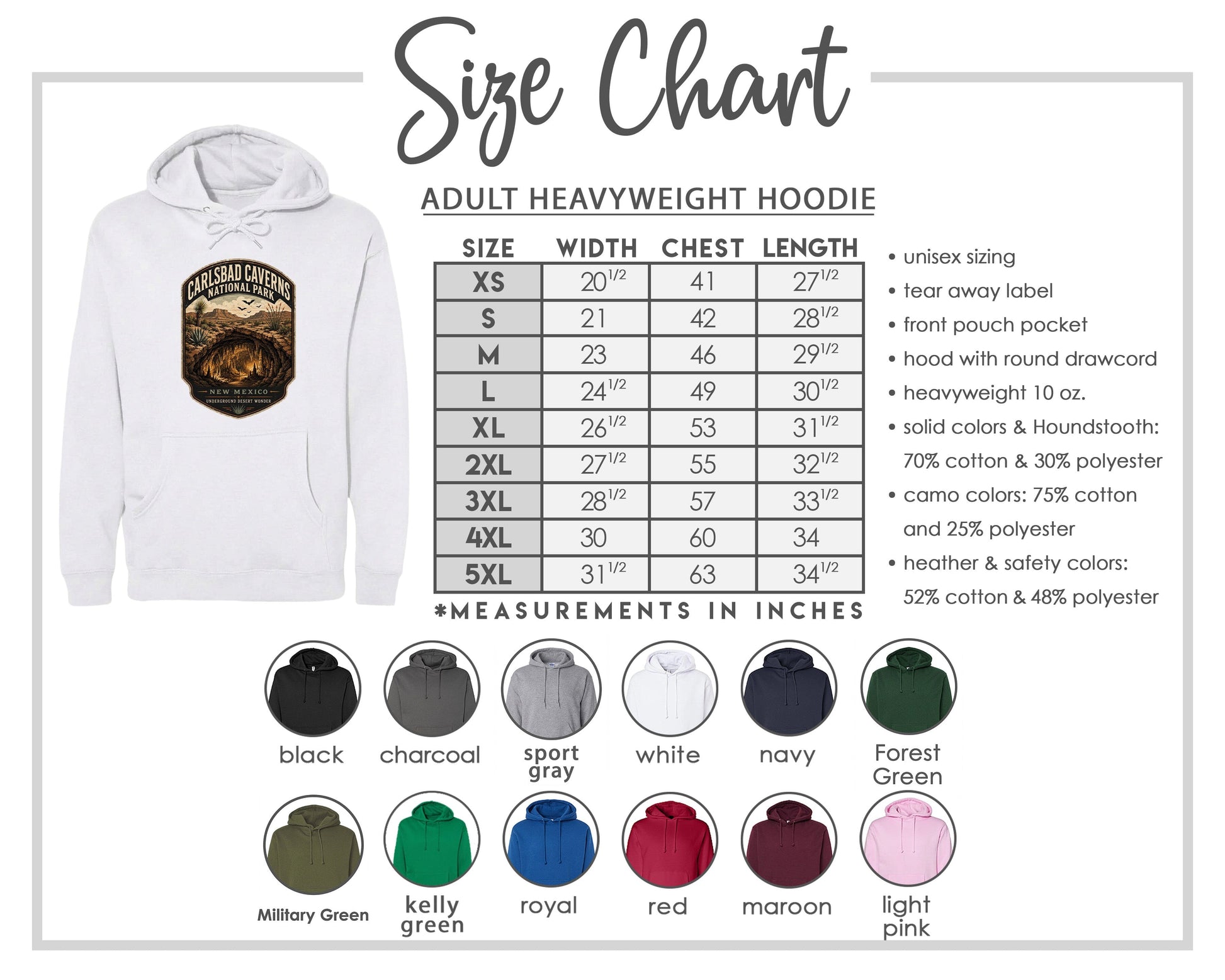 The image is a size chart for an adult heavyweight hoodie, including various color options and corresponding chest measurements.