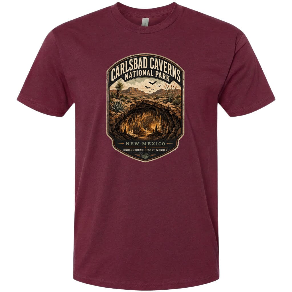A t-shirt design featuring a label for Carlsbad Caverns National Park, New Mexico.