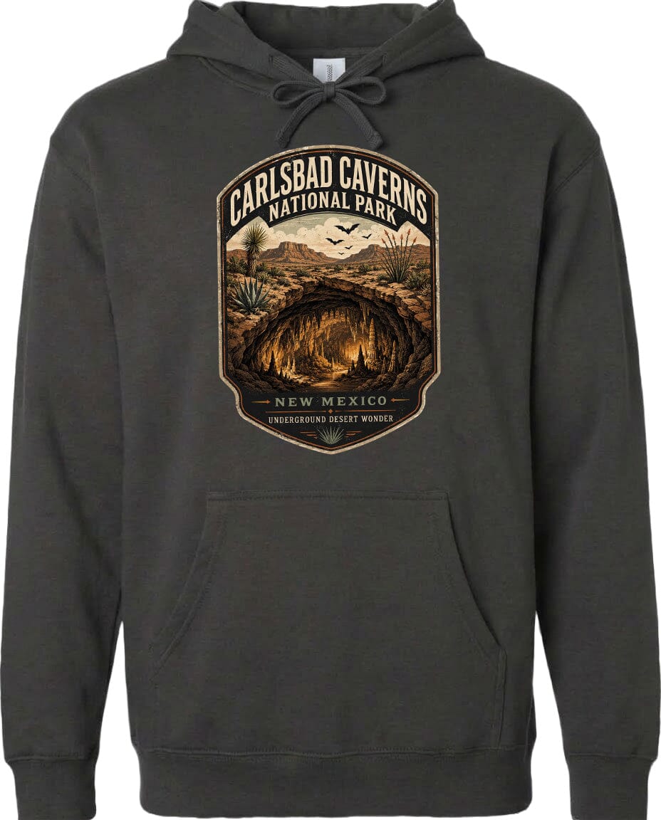 A hoodie with a graphic design depicting the Carlsbad Caverns National Park in New Mexico.