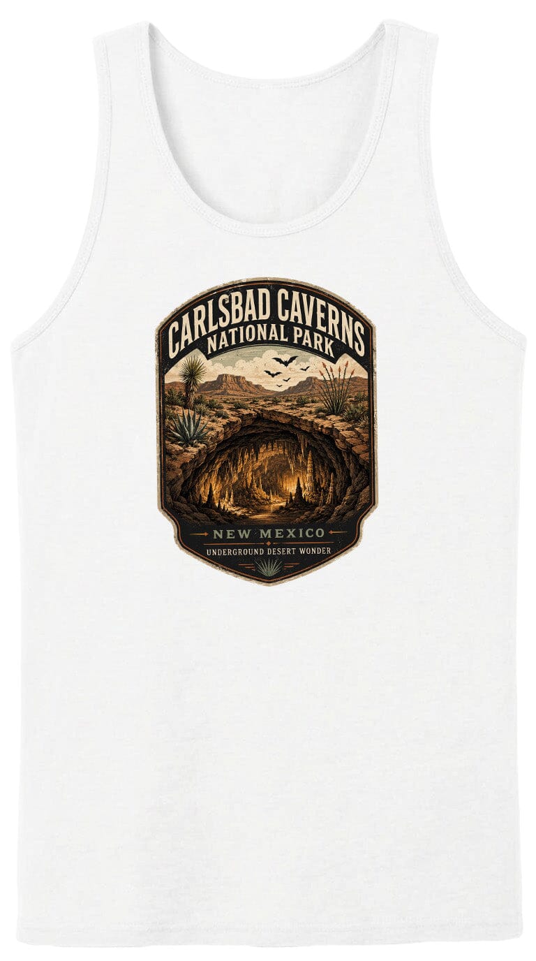 A white tank top with a graphic design depicting the Carlsbad Caves National Park in New Mexico, featuring a desert landscape with a cave system and desert vegetation.