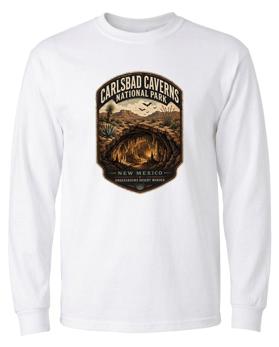 A white long-sleeved t-shirt with a graphic design depicting the Carlsbad Caverns National Park in New Mexico.