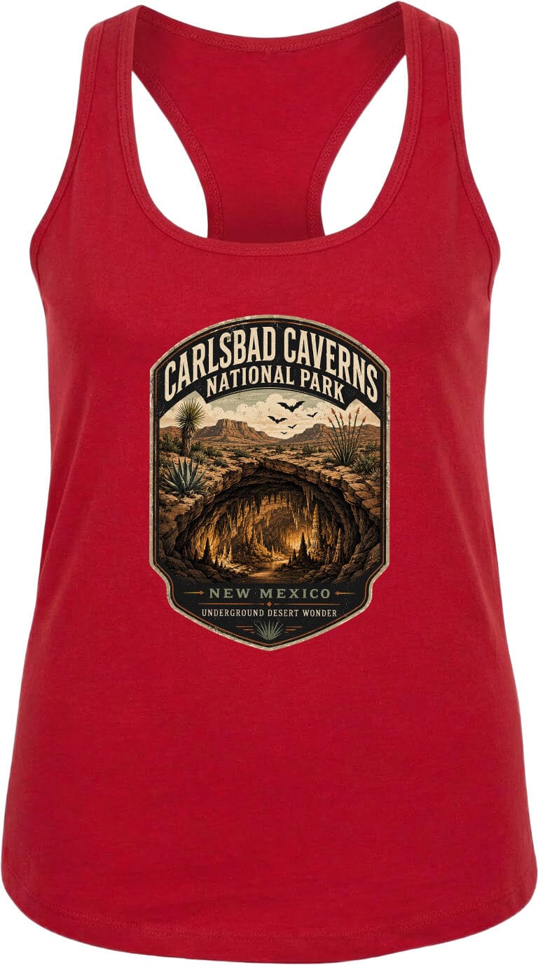 A red tank top with a graphic design depicting the Carlsbad Caverns National Park in New Mexico, featuring a desert landscape with a cave and birds in the sky.