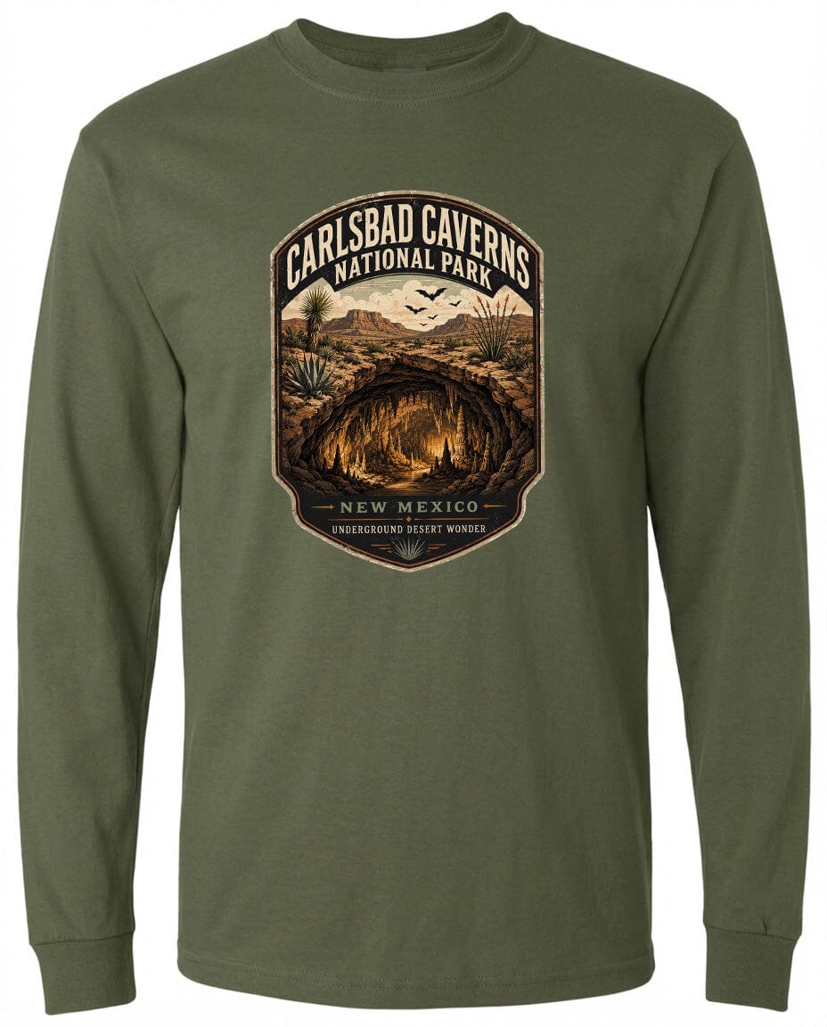 A long-sleeved green t-shirt with a graphic design depicting the entrance to the Carlsbad Caves National Park in New Mexico.