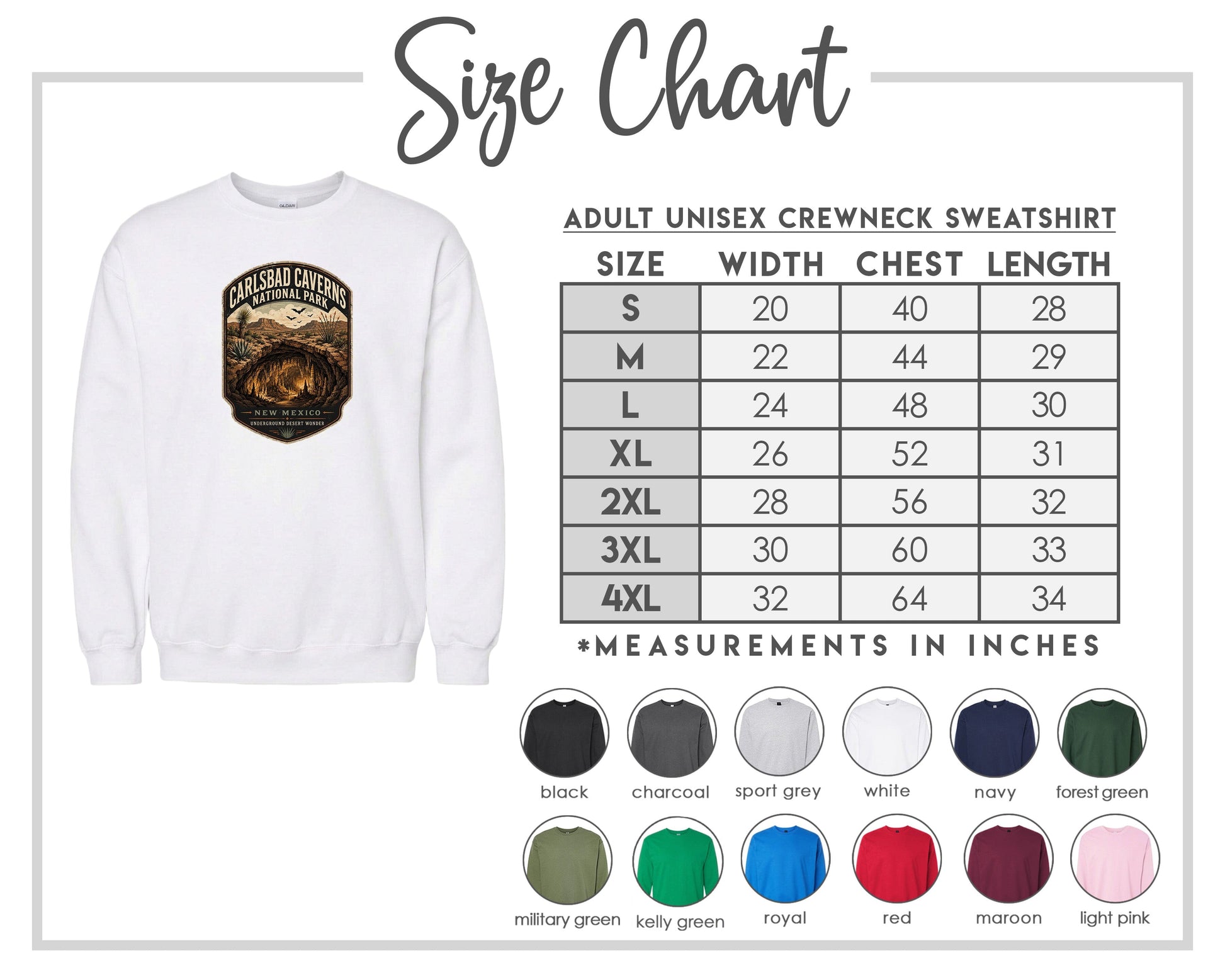The image is a size chart for an adult unisex crewneck sweatshirt. It includes a white crewneck sweatshirt with a graphic design and a table with size measurements for different chest and waist sizes.