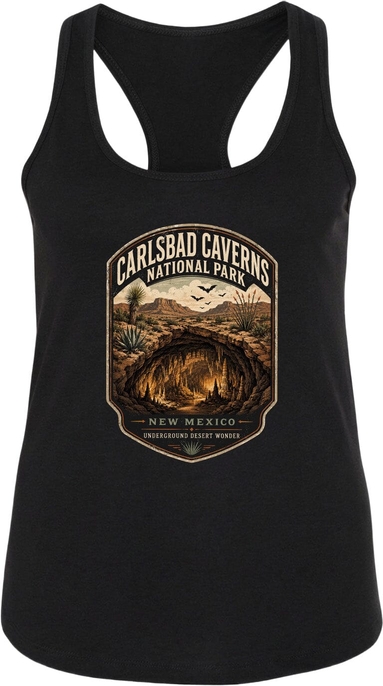 A black tank top with a graphic design depicting the Carlsbad Caverns National Park in New Mexico, featuring a desert landscape with a cave and birds in the sky.