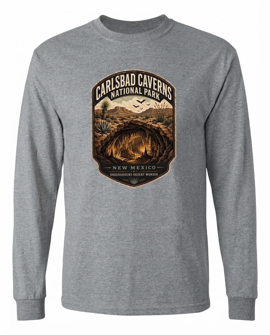 A gray long-sleeved t-shirt with a graphic design depicting the Carlsbad Caverns National Park in New Mexico.