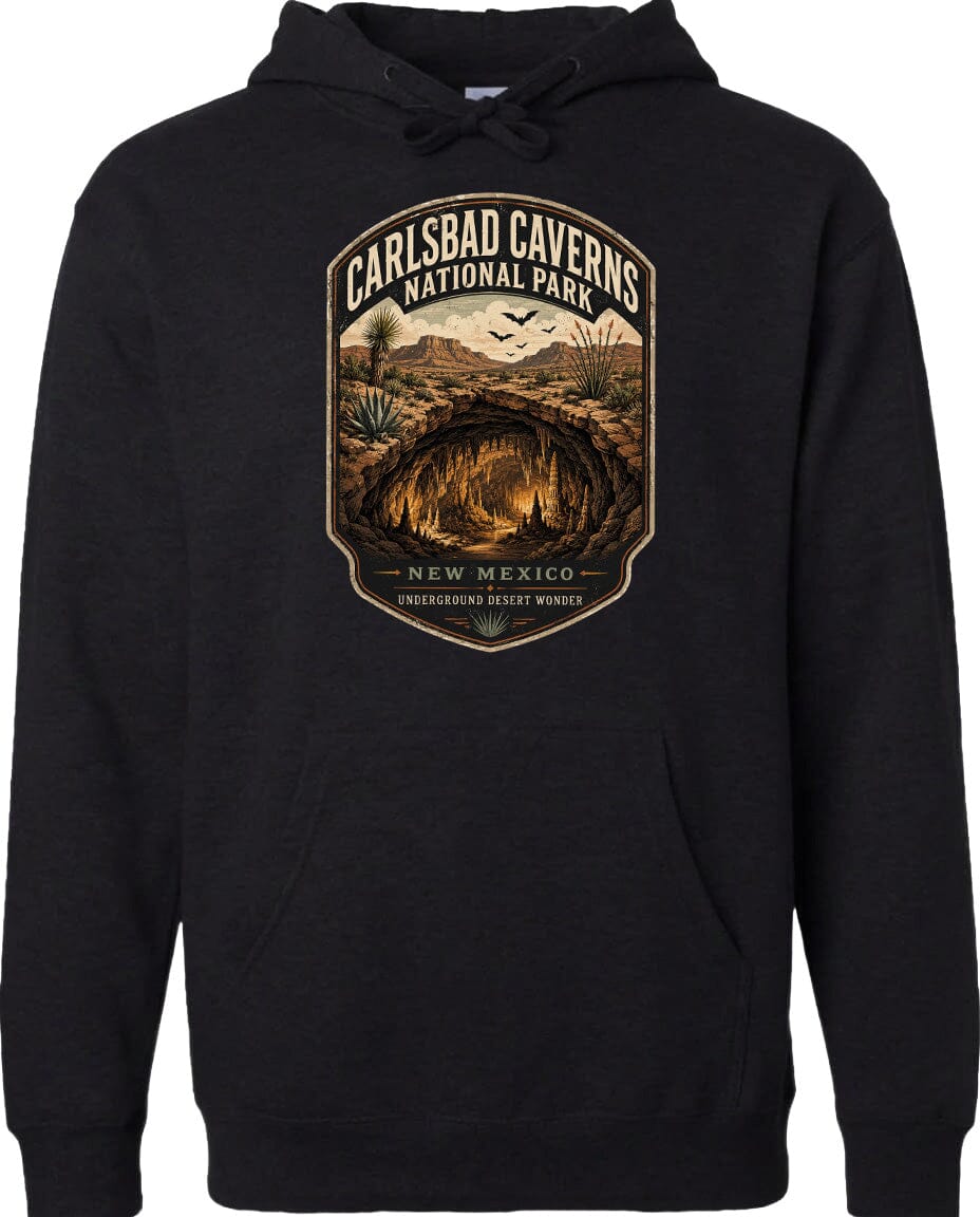 A black hoodie with a graphic design depicting the Carlsbad Caverns National Park in New Mexico.