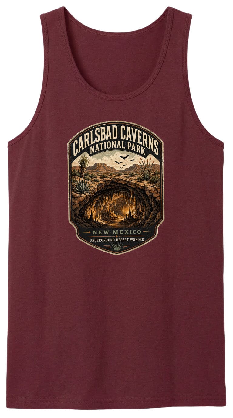 A red tank top with a graphic design depicting the Carlsbad Caves National Park in New Mexico, featuring a cave, desert landscape, and birds in flight.