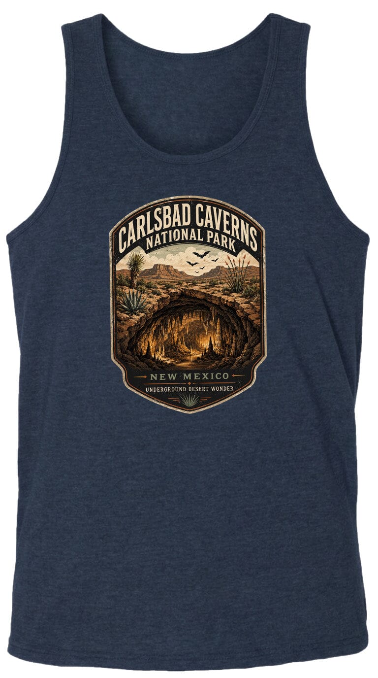 A graphic design featuring a cave or cave system with a desert landscape in the background, along with the text "CARLSBAD CAVENS NATIONAL PARK" and "NEW MEXICO UNDERGROUND DESERT WONDER".