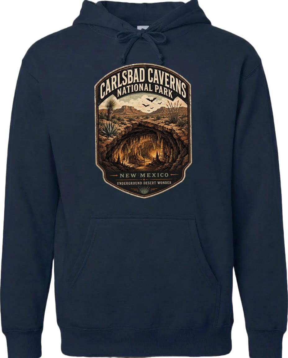 A hoodie with a graphic design depicting the Carlsbad Caverns National Park in New Mexico.