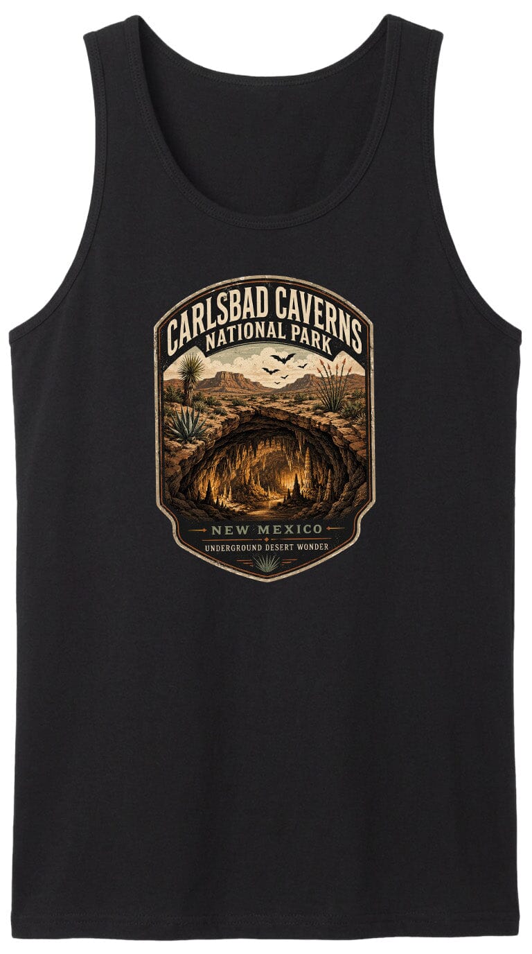 A black tank top with a graphic design depicting the Carlsbad Caves National Park in New Mexico, featuring a desert landscape with a cave system and desert vegetation.