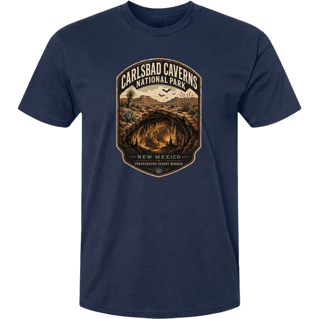 A t-shirt design featuring a label for Carlsbad Caverns National Park, New Mexico.