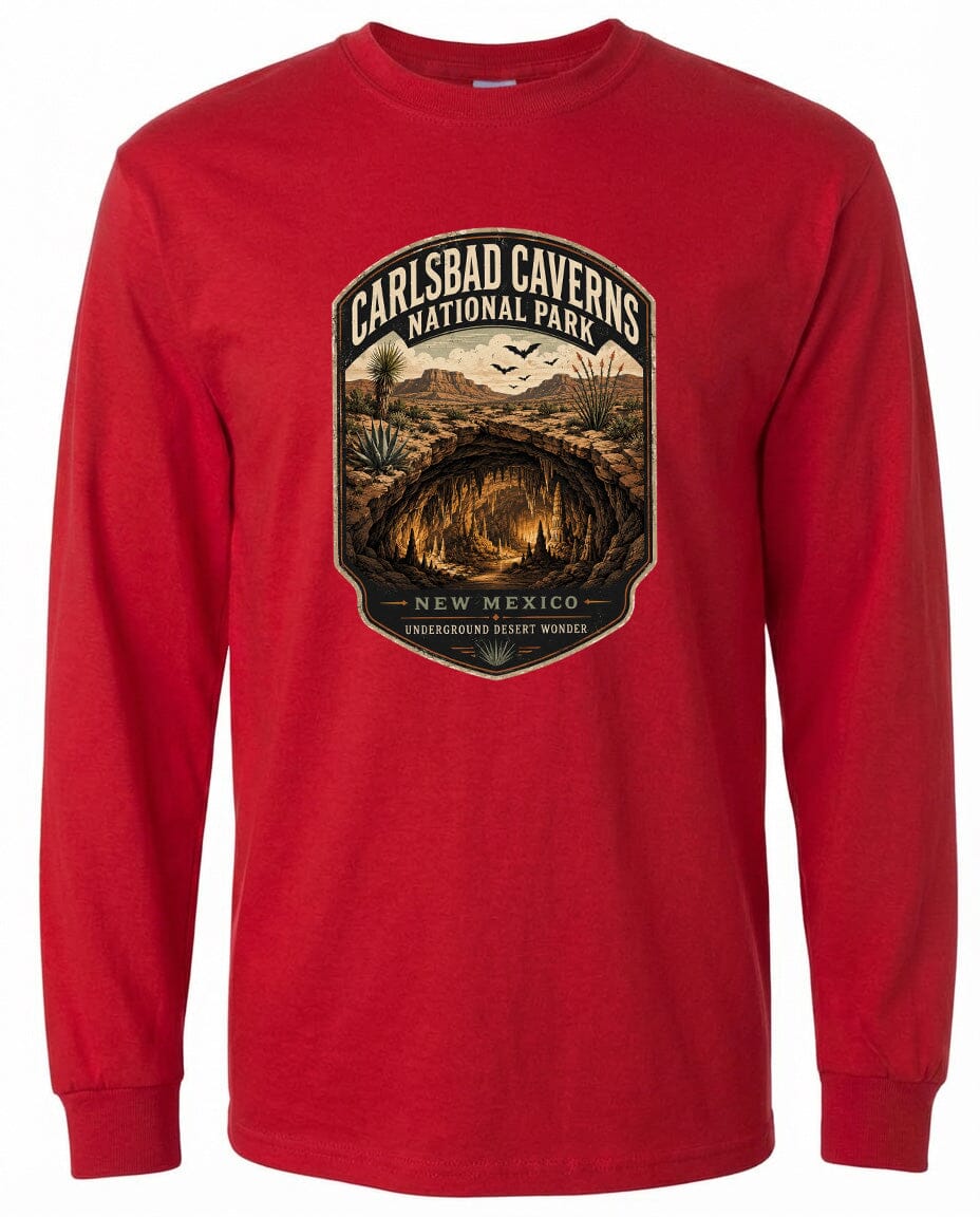 A red long-sleeved t-shirt with a graphic design depicting the Carlsbad Caverns National Park in New Mexico.