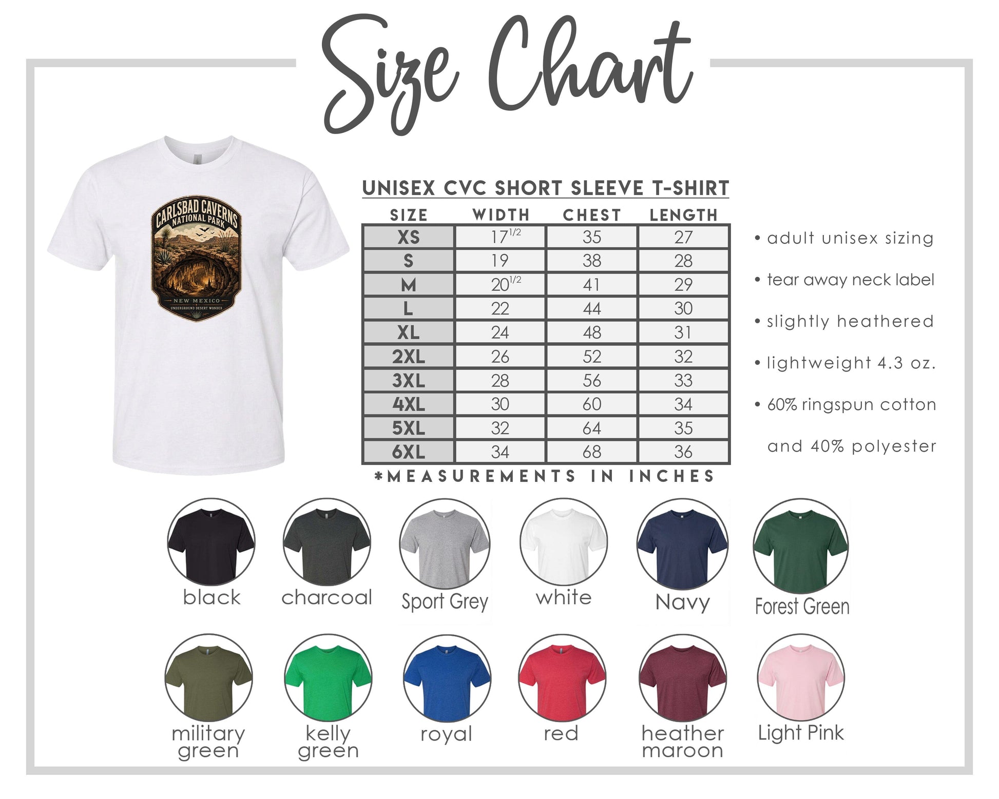 The image is a size chart for a white short sleeve t-shirt, including various color options and corresponding measurements in inches.