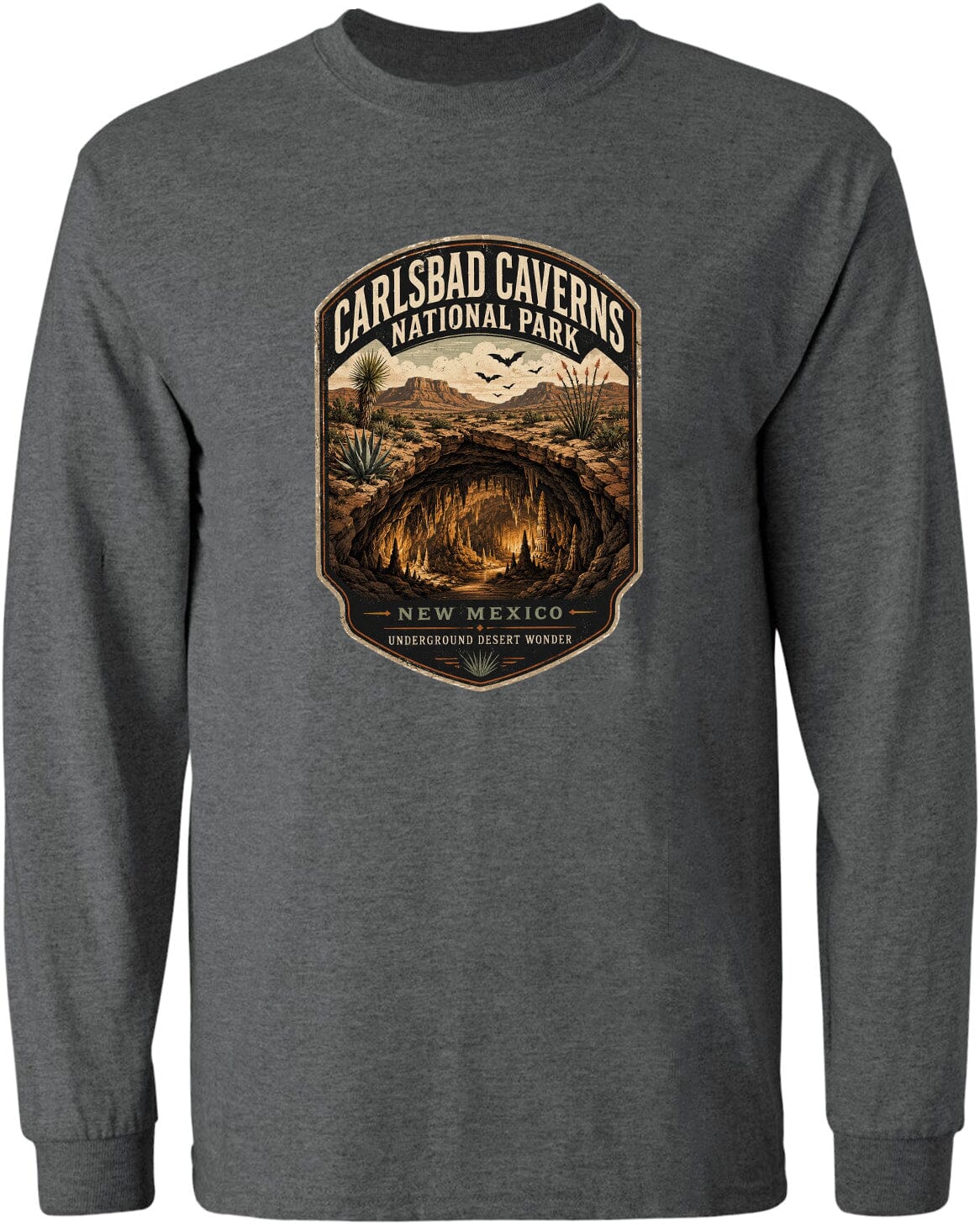 A gray long-sleeved t-shirt with a graphic design depicting the entrance to Carlsbad Caverns National Park in New Mexico.