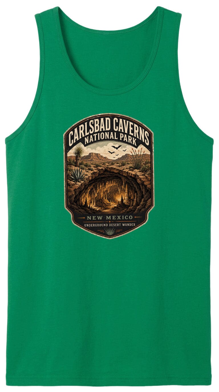 A green tank top with a graphic design depicting the Carlsbad Caves National Park in New Mexico, featuring a desert landscape with a cave system.