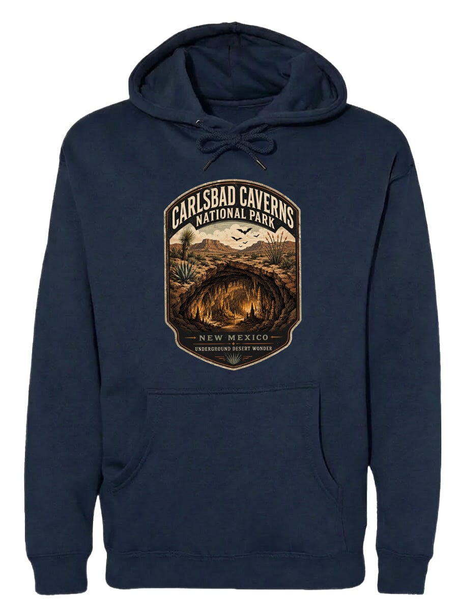 A navy blue hoodie with a graphic design depicting the Carlsbad Caves National Park in New Mexico.