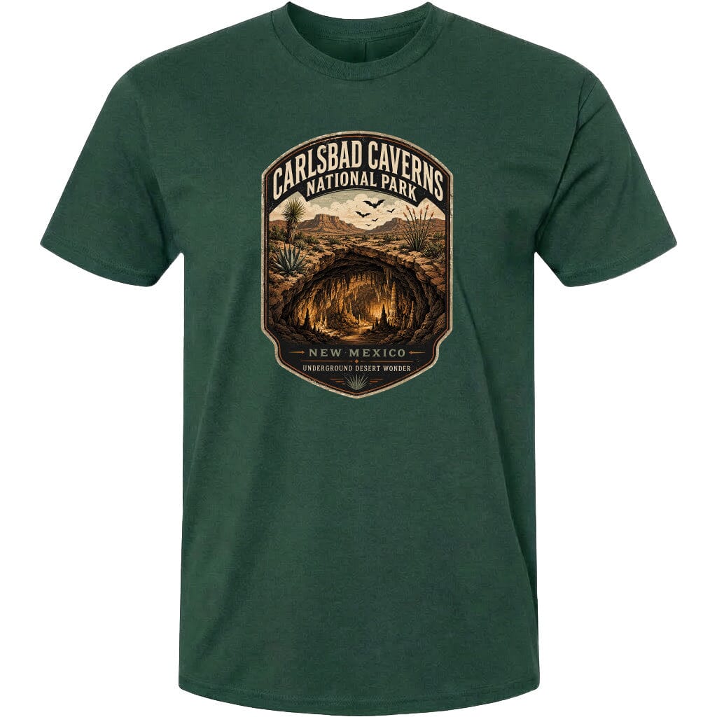 A green t-shirt with a graphic design depicting the Carlsbad Caves National Park in New Mexico.
