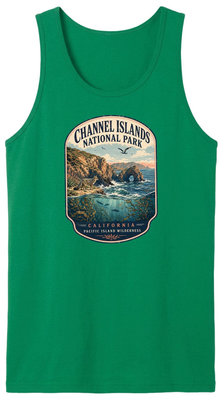A green tank top with a graphic design depicting a scenic landscape with a body of water, mountains, and a bird in flight.