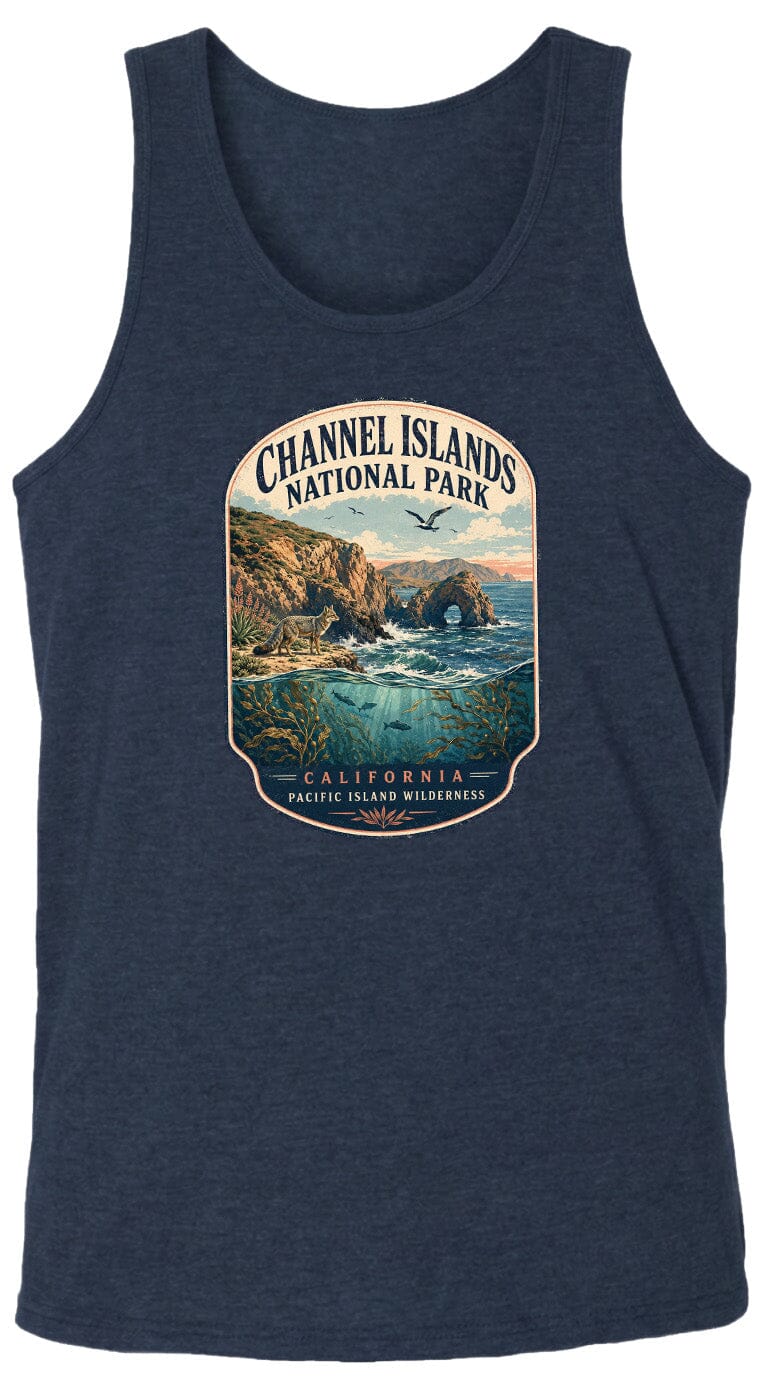 A graphic design on a dark blue tank top featuring a scenic landscape with a body of water, mountains, and a bird in flight.