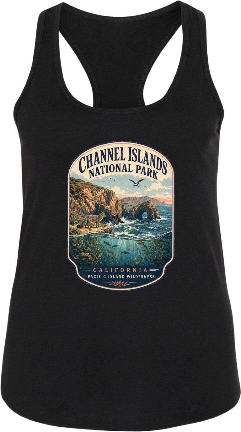 A black tank top with a graphic design depicting the Channel Islands National Park in California, featuring a scenic landscape with cliffs, water, and wildlife.