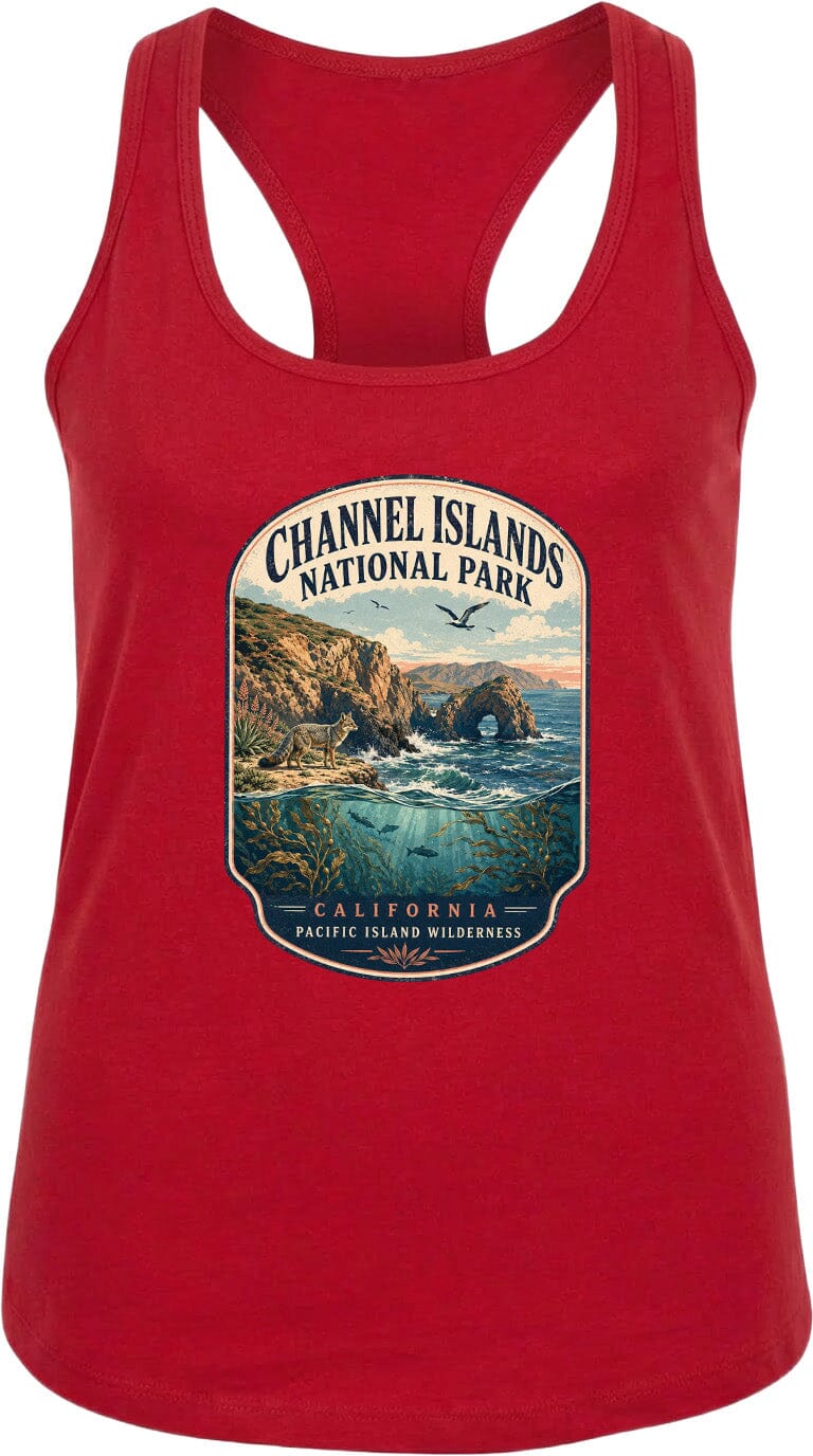 A red tank top with a graphic design depicting the Channel Islands National Park in California, featuring a scenic landscape with cliffs, water, and wildlife.