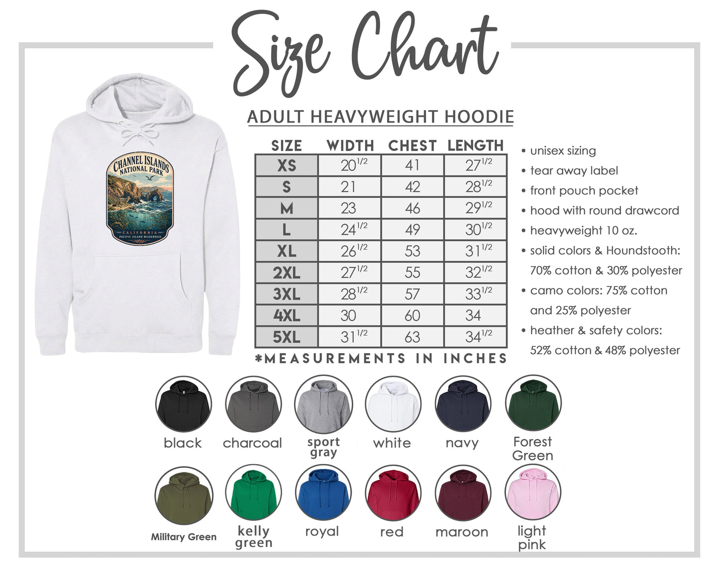 The image is a size chart for an adult heavyweight hoodie, including various color options and measurements in inches.